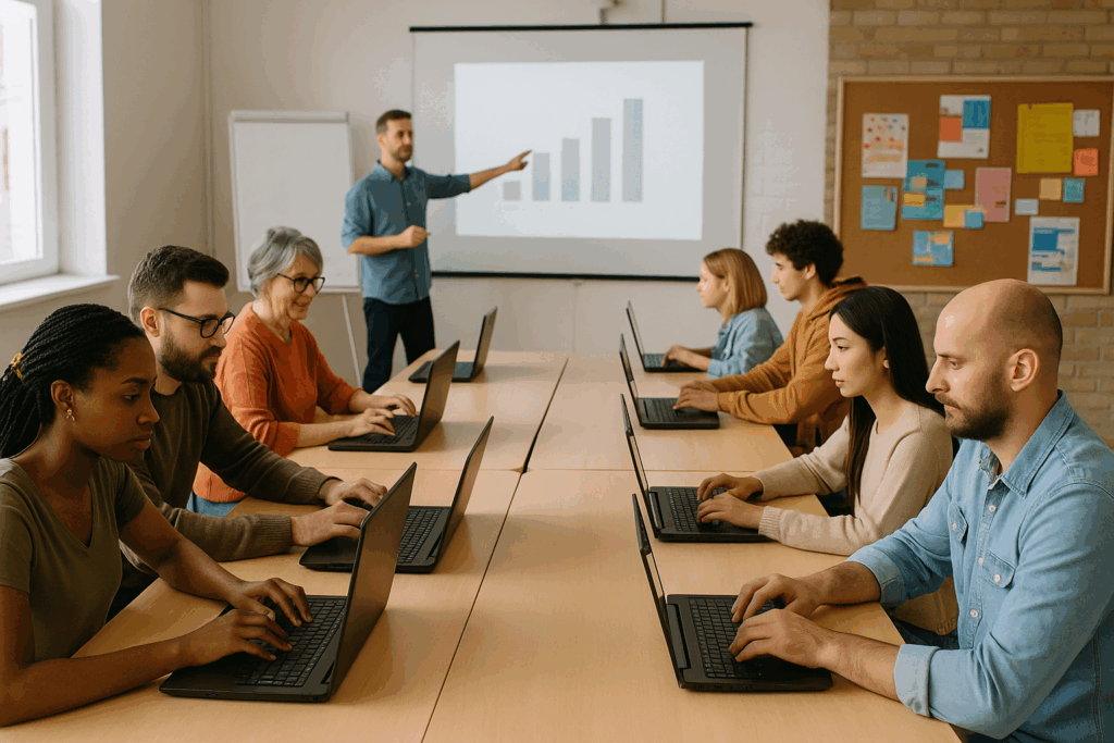 Community workshop participants using rented laptops