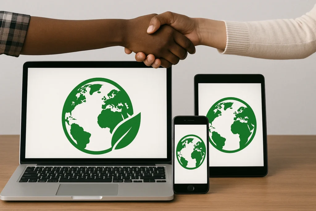 Coworkers sharing devices to reduce carbon footprint