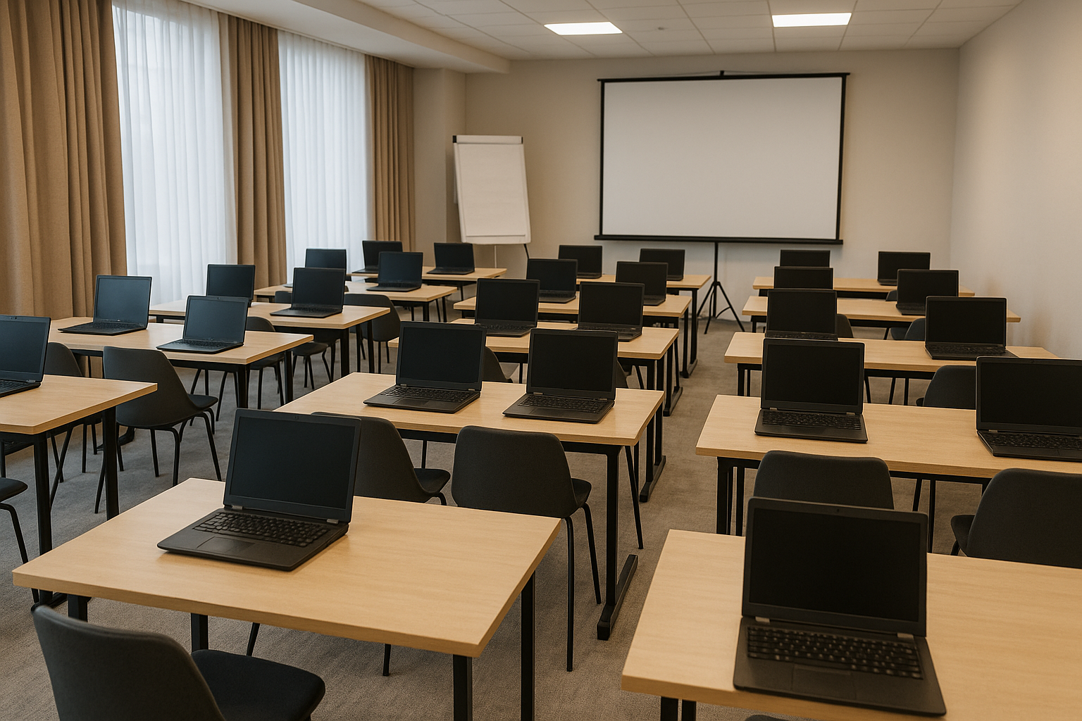 rows of rental laptops in modern conference room