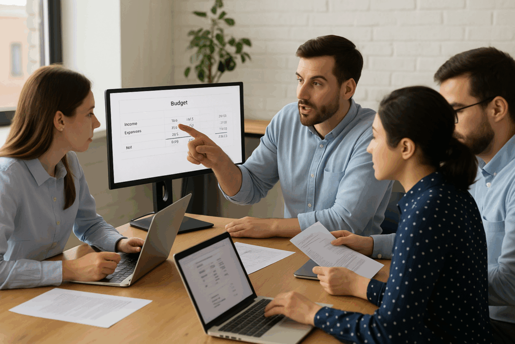 Small business team comparing laptop rental costs