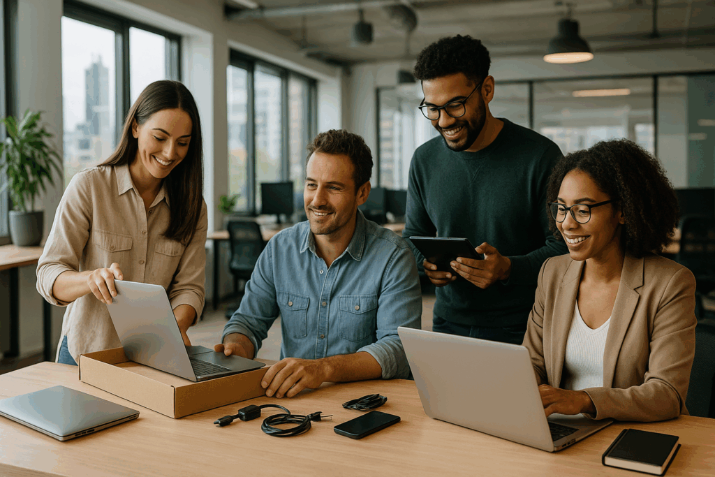 Team setting up laptops in Brisbane office.