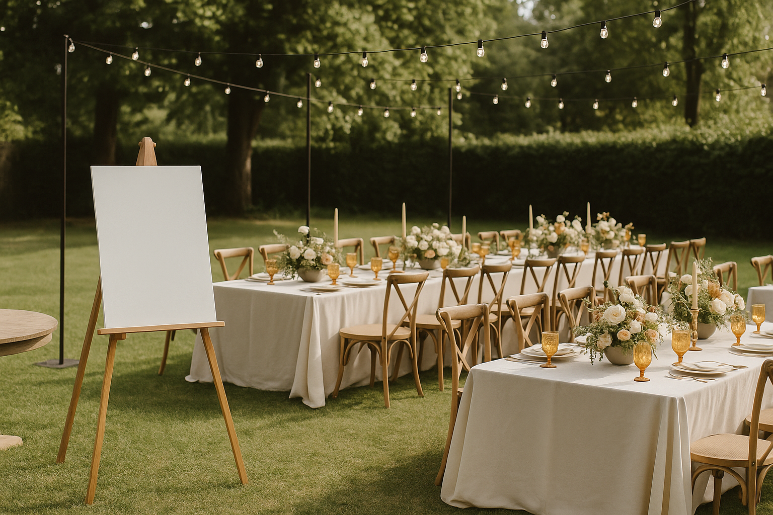 Elegant outdoor event setup with tables and string lights