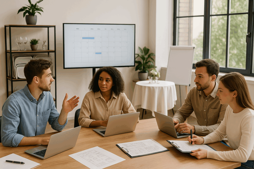 Team organising event logistics in modern workspace